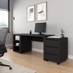 Mesa de Escritório 120cm com Gaveteiro com Rodízio e Prateleiras Ficus Cabecasa Madeiramadeira Preto