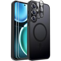 Ezanmull Capa magnética à prova de choque para Samsung Galaxy S24 FE, [adequada para MagSafe] [protetor de tela de vidro + protetor de lente da câmera] Capa translúcida antiimpressões digitais para