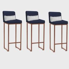 Kit 03 Banqueta Alta com Encosto Lucca Industrial Cozinha Balcão Ferro Bronze Corino Azul Marinho e Almofada Branco - Ahazzo Móveis