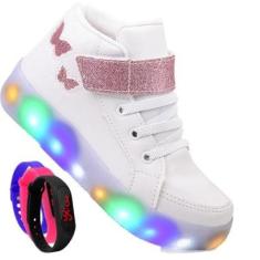 Tenis Infantil De Led Botinha Borboleta Meninas Feminino Brilhante + Relogio-Feminino
