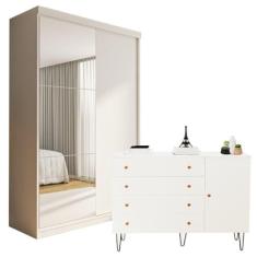 Conjunto Guarda-roupa Solteiro 2 Portas de Correr e Cômoda 1 Porta 4 Gavetas Branco