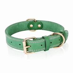 DAIHAQIKO Coleira para cães de couro legítimo, coleira larga resistente para cães pequenos, médios, grandes e extragrandes (GG: 3,6 cm de largura para pescoço de 47 a 65,5 cm, ponto duplo - verde)