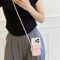 Carteira de cordão crossbody com porta-cartão capa de telefone para iPhone 13 12 Mini 15 14 11 Pro Max X XR XS Max 7 8 Plus Capa de couro, rosa, para iPhone 12 Mini