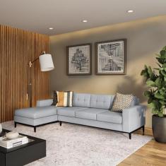 Sofá 4 Lugares Joy com Chaise Esquerdo Pés e Base em Madeira Linho Cot