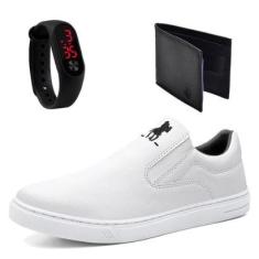 Kit Tênis Slip On Masculino Elástico Sola Borracha com Carteira e Relogio-Masculino