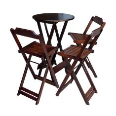 Kit Mesa Bistrô Dobrável Em Madeira Maciça Com 3 Banquetas Altas - Imbuia - Marrom