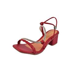 Sandália Salto Grosso Rosa Chic Calçados Salto Baixo 5 cm Bloco Quadrado Vermelho  feminino