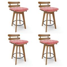 Kit 04 Banquetas Giratória Costela Suede Base Madeira MA70 - D`Rossi