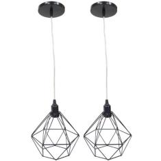 2 Pendentes Aramado Diamante Luminária Lustre Cabo Cristal 2 Mt Preto 