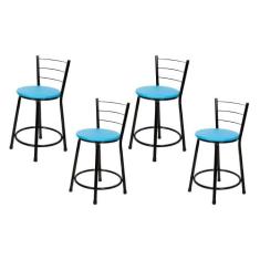 Jogo 4 Banqueta Baixa Para Cozinha Preta Assento Azul - Lamar Design