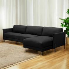 Sofá Decorativo Karine 5 Lugares Sala de estar 300cm com Chaise Pés em Aço Couro Preto G88 - Gran Belo
