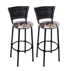 Kit 2 Banquetas Altas Preta com Encosto Junco Preto Assento Floral Mar