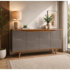 Buffet 160cm 4 Portas Pés em Madeira Maciça Grace Versátile Cinza/Pero