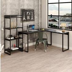 Conjunto Home Office Industrial 1 Escrivaninha em L e 1 Estante 4 Prateleiras Kuadra Compace Onix