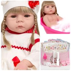 Boneca Reborn Loira Linda Corpo de Vinil Vários Acessórios - Cegonha R