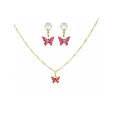 Conjunto Infantil Colar e Brinco Borboleta Folheado Ouro 18k Antialérgico