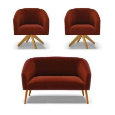 Kit 1 Sofá Namoradeira E 2 Poltronas Stella Bouclê Base De Madeira Ma3