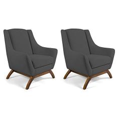 Kit 02 Poltronas Decorativa Fixa Base de Madeira Juliet D02 Veludo Cinza C-317 - Lyam Decor