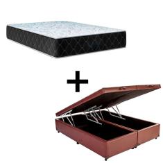Cama Baú Queen 158 Tecido Sintético Marrom Com Colchão Marrocos - Poliéster - Espuma D33 30cm