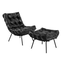 Poltrona E Puff Decorativos Sala De Estar Costela Base Preta Couro Preto - Gran Belo