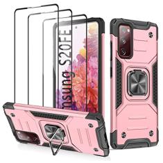 Capa para Galaxy S20 FE 4G 5G com [3 peças], protetor de tela de vidro temperado, suporte magnético de nível militar, suporte de anel magnético de camada dupla, híbrida, à prova de choque, capa