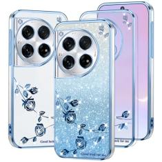 Kainevy Capa de celular para Oneplus 12 capa protetora de silicone transparente com glitter rosa à prova de choque Oneplus 12 capa estética fina fofa com padrão de flor gradiente design brilhante