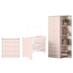 Guarda Roupa Cantoneira, Berço e Cômoda Trocador Rosa - Qmovi