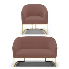 Sofá Namoradeira E Poltrona Base Industrial Dourado Stella Veludo Rosê D03 - D'rossi