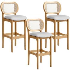 Kit 3 Banquetas Altas Betta Fixa L02 Moderna Madeira Maciça Estofado Linho Cinza Lyam Decor