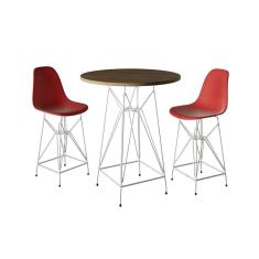 Jogo Mesa Bistrô Eames Tampo Amêndoa 60Cm 2 Banquetas Vermelha Base Ferro Branco - Cor: Amendoa