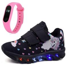 Tenis Infantil De Led Unicornio Calce Facil Meninas LIGHT + Relogio - 