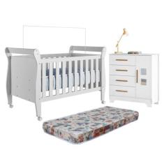 Quarto de Bebê com Berço Mini Cama 100% Mdf com Colchão Slim e Cômoda 