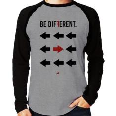 Camiseta Raglan Be Different Manga Longa - Foca na Moda, Cinza, Preto,