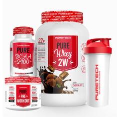 Kit Whey Pure 2W 900g + BCAA 2400 120 Cáps + Pré-treino 100g + Coquete