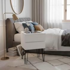 Mesa de Cabeceira Lateral de Apoio Penteadeira Pés Hairpin Legs Estilo Industrial Branco Laca