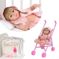 Boneca Reborn Abigail Recém Nascida Roupão Carrinho Passeio - Cegonha 