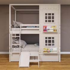 Beliche Casinha Reta com 02 Janelas 02 Gavetas e Escorregador Madeira Maciça Branco Housin