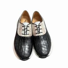 Tênis masculino autêntico de pele de crocodilo de cor mista, couro de jacaré, exótico, genuíno, masculino, com cadarço macio, Preto, 38