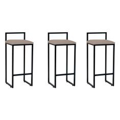 Kit 3 Banquetas Industriais Premium Bar Cozinha Bistrô Em Aço Dori Preta Assento Suede Bege Preto