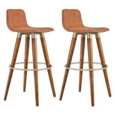 Kit 2 Banquetas Altas Luxo Versatil Aço Champanhe Linho Terracota Base Carvalho 