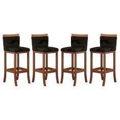 Kit 4 Banquetas Alta Encosto Estofado 38x102 Cm Paris Madeira Maciça Castanho Suede Preto CCS