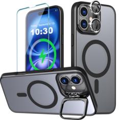 WATEFULL Capa ultra magnética para iPhone MagSafe com anel de suporte de câmera de metal ajustável, resistente, fosco translúcido fino à prova de choque com 1 tela 1 protetor de lente de câmera para