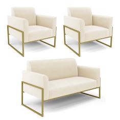 Sofá Namoradeira com 2 Poltronas Base Industrial Alta Dourado Marisa Veludo D03 - D'Rossi