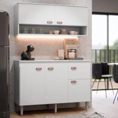 Armário de Cozinha Luiza 90cm Compacto com Aéreo e Balcão com Tampo 3 