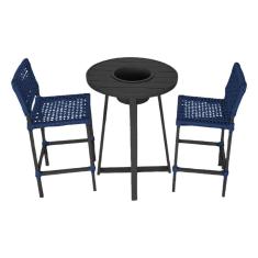 Conjunto Bistrô Champanheira Tampo Ripado e 2 Banquetas França Corda Náutica Azul Marinho