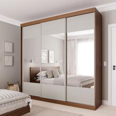 Guarda-roupa Casal 3 Portas de Correr Ripadas com Espelho Samambaia Cabecasa Madeiramadeira Freijó/Off White