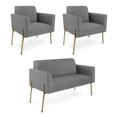 Sofá Namoradeira E 2 Poltronas Pé De Ferro Dourado Marisa Linho D03 Grafite