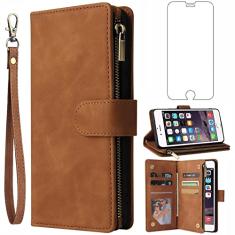 Asuwish Compatível com iPhone 6plus 6splus 6/6s Plus capa carteira de vidro temperado protetor de tela flip capa porta-cartões capas de celular para iPhone 6 6+ iPhone 6s 6s+ i 6P 6a S Six