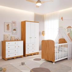 Quarto de Bebê Completo Berço Americano Uli Guarda Roupas 3 Portas Cômoda 1 Porta Junior 100% MDF