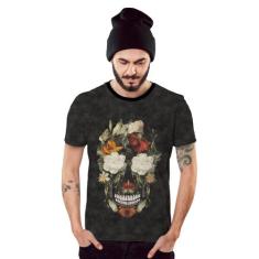 Camiseta Floral Caveira em Flores Coloridas Grafite - Di Nuevo, G, Gra